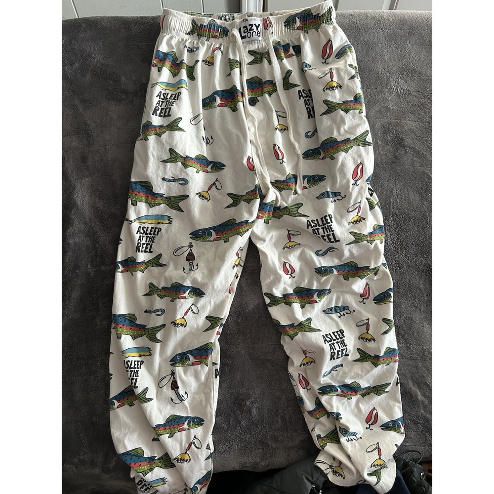 Lazy One Men's Pajama Pants S Cotton Fish Print "Asleep at the Reel" Fishing